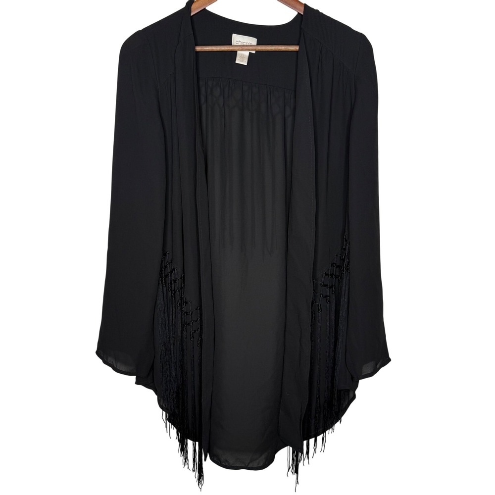 Chico's Black‎ Fringe Kimono Duster Cardigan Open Front Bohemian Chic Sz 0
